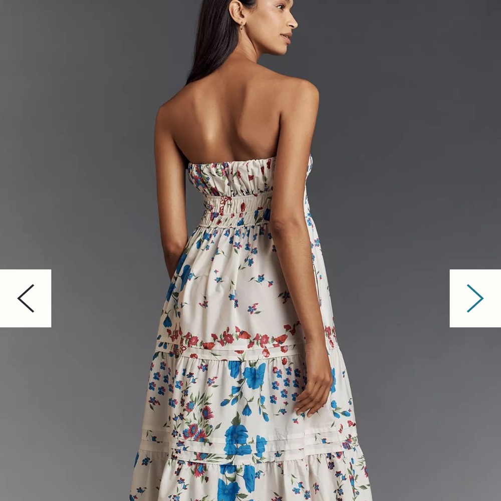 Anthropologie Strapless Dress with Blue and Red Floral Pattern